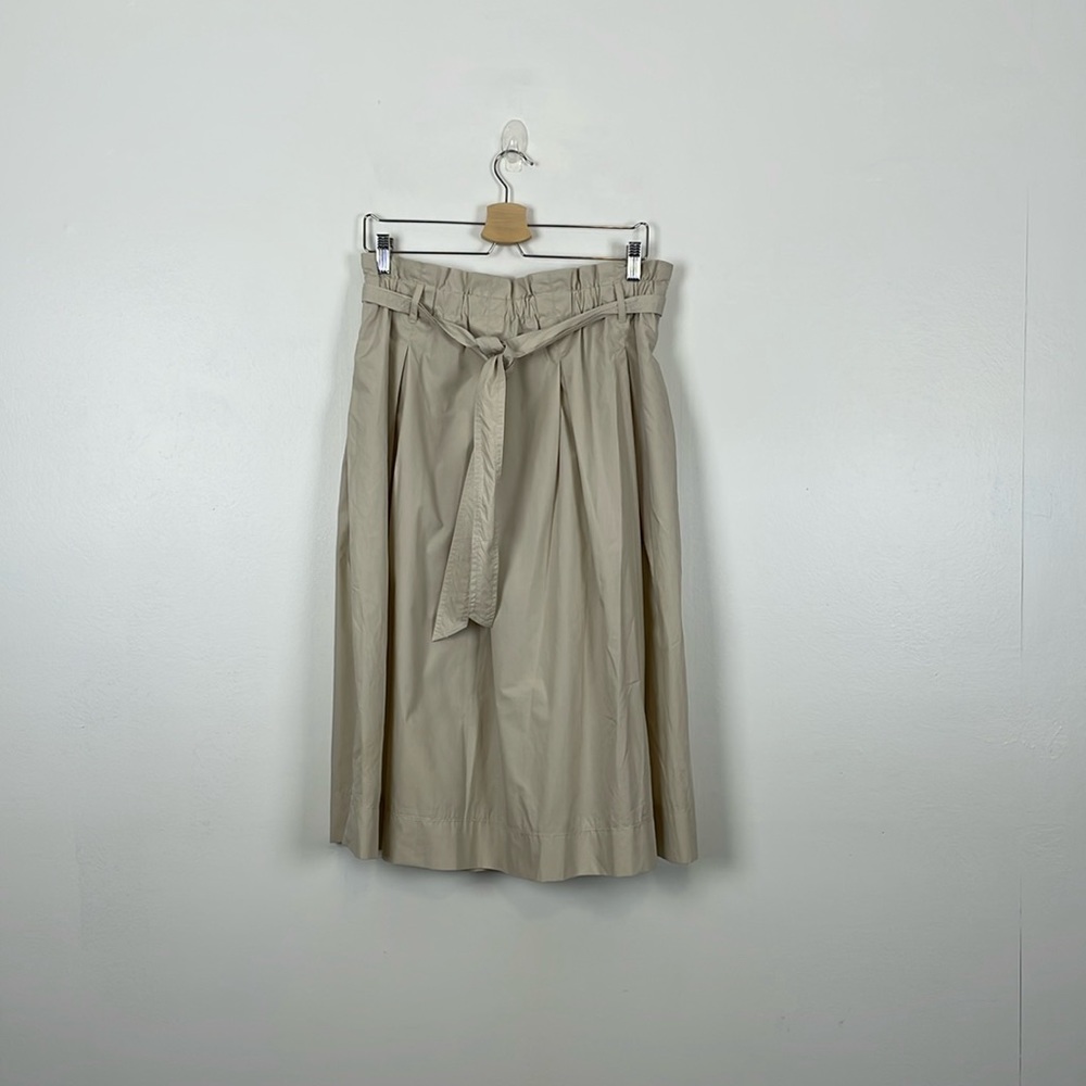 H & M Womens 12 Paperbag Waist Pleated Flare Belted Cotton Blend Beige Skirt